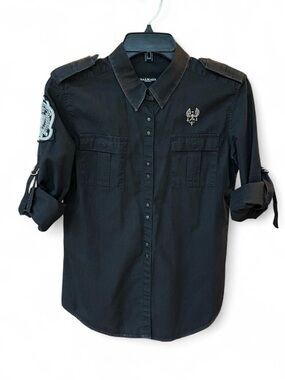 Balmain Paris 2010 military sleeve badge button down shirt black epaulets brooch